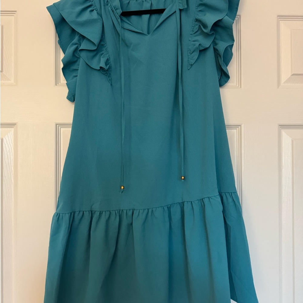Teal Ruffle Sleeve Dress